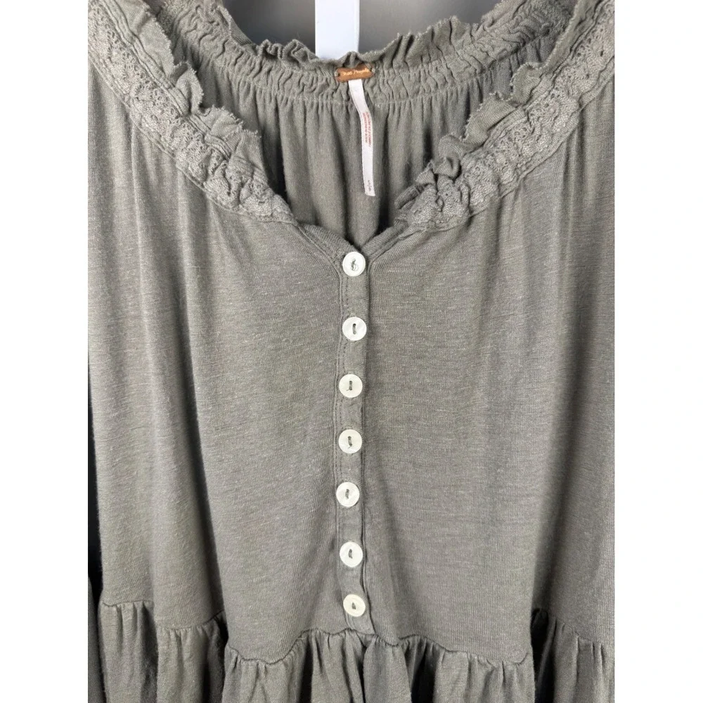 Free People Ruffle Henley Peplum Top Boho Cottagecore Linen Blend Size S